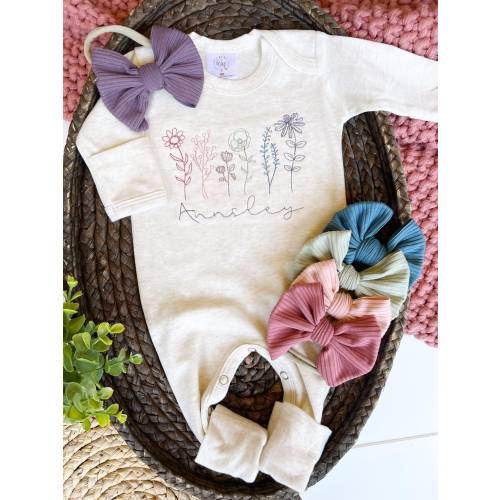 Personalized wildflower romper with fold over footies, custom coming home outfit for baby girl, baby shower gift, wildflower baby