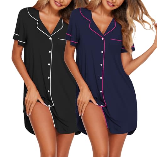 Ekouaer Nightgowns for Women 2 Pack Button Down Sleepwear Short Sleeve Sleepshirts Soft Nightshirts Boyfriend Pajama Dress