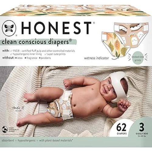 The Honest Company Clean Conscious Diapers | Plant-Based, Sustainable | Fall '24 Limited Edition Prints | Club Box, Size 3 (16-28 lbs), 62 Count