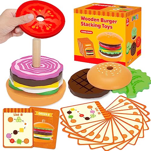 Jumlys Montessori Wooden Burger Stacking Toys for 2, 3, 4, 5 Year Olds, Fine Motor Toys for Kids Boys Girls, Ideal Preschool Educational and Learning Toys, Perfect Christmas Birthday Gifts