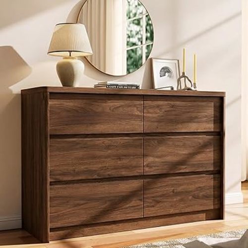 6 Drawer Walnut Dresser for Bedroom, 47.2" Wide Modern Chest of Drawers with 6 Large Storage Space with Curved Edge Design, Large Dresser for Bedroom,Walnut