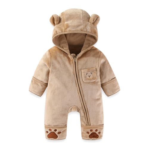 JiAmy Baby Snowsuit Fleece Bunting - Newborn Winter Bear Onesie Warm Hooded Romper with Foldover for Infant Boys Girls