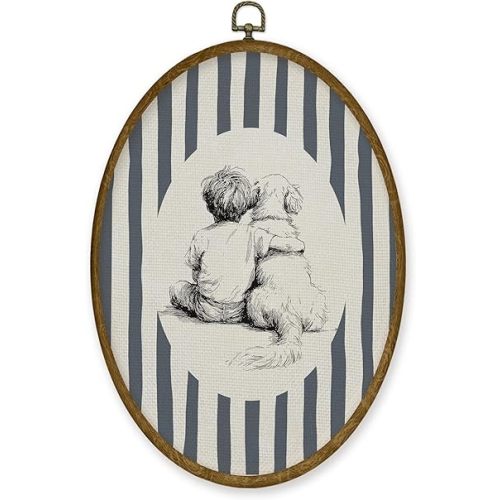 JMENGSSFL Vintage Golden Retriever Boy Nursery Oval Wall Art Decor, Kids Room Canvas Prints, Blue Striped Dog and Boy Framed Wall Art for Kids Toddler Boys Room Bedroom Playroom Decor, 8.6x11.4 Inch