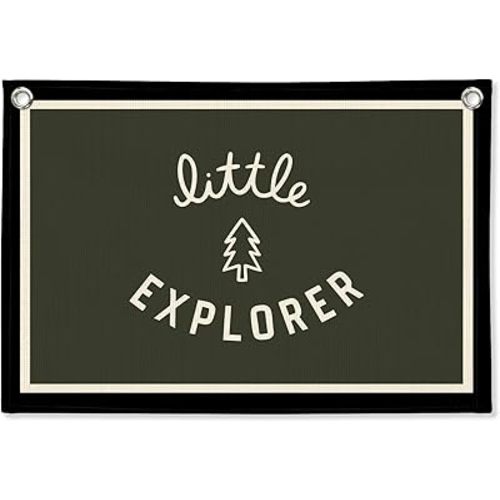 Forest Green Little Explorer Baby Shower Linen Canvas Banner, Boys Room Decor, Camping Wall Hanging Canvas Banner Flag Decor for Toddler Boy Room Nursery Playroom, 30x20 Inch
