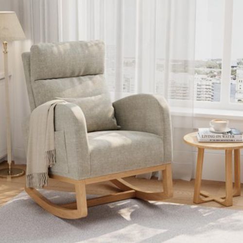 Modern Fabric Nursery Rocking Chair with Side Pockets and Pillow - Glider Accent Chair for Living Room Bedroom - Gray+Linen without Footrest