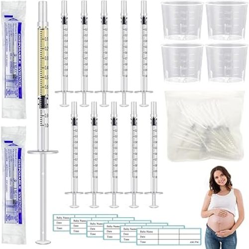 50 Pcs Colostrum Collector Set 1ml Breast Milk Collector Milk Catcher with 60 Stickers 1 Collection Bag and 4Pcs 20ml Measuring Cups Colostrum Collection Gift Set Colostrum Harvesting Kit for Breastfeeding