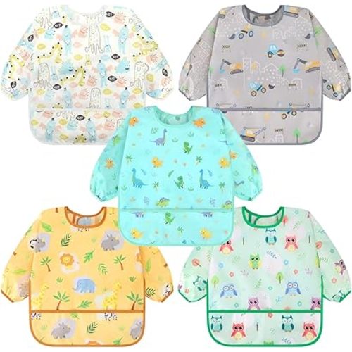Accmor 5 Pack Long Sleeve Bibs, Baby Smock Waterproof Sleeved Bib Smock for Baby Toddler 6-36 Months