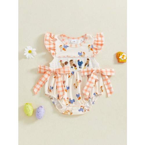 Newborn Baby Girl Romper Farm Chicken Outfit Ruffle Smocked Plaid Bodysuit Western Country Summer Clothes | SHEIN USA