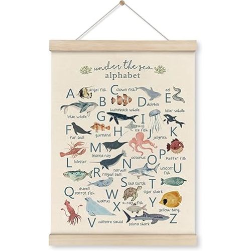 HRQKO Ocean Alphabet Poster Hanger Frame, Ocean Nursery Decor, Sea Animal Wall Decor, ABC Poster Wall Art with Wooden Frames, Alphabet Banner Wall Hanging Decor for Classroom Kids Playroom,12x16 Inch