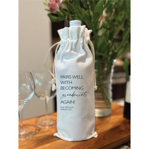 Custom Baby Announcement Wine Bag, Personalized Pregnancy Announcement, Pairs well with being Grandparents Again, New Grandparent Gift wb18