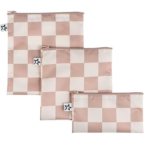 Tiny Twinkle Reusable Snack Bags for Kids – 3 Pack Snack Pouches & Sandwich Bag for Toddlers – Machine Washable, Mess-Proof for Lunch & Travel (Beige Checkers)