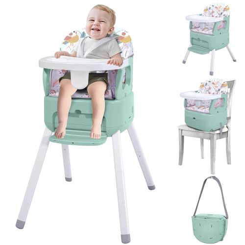 4 in 1 Portable Baby High Chair,Convertible Highchair for Babies and Toddlers-Foldable Infant Booster Seat,Carry Small Box,Dining Chair,Toddler High Chair with 5-Point Harness,Removable Tray-Green