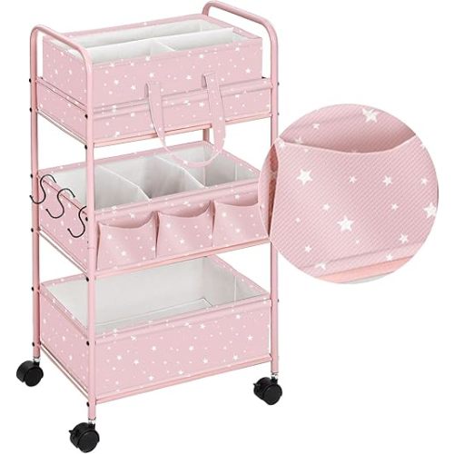 Yookeer 2in1 Baby Diaper Caddy Organizer Cart 3 Tier Large Capacity Metal Utility Bedside Rolling Cart with Divider Newborn Registry Gift Nursery Essential Must Have Bedroom Baby Shower(Pink,Star)