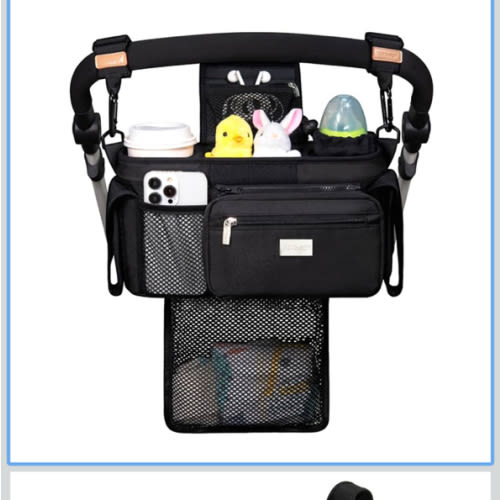 TOPDesign Universal Baby Stroller Organizer, Stroller Caddy with Detachable Mesh Bag & Heightened Insulated Cup Holders & Non-Slip Secure Hooks Accessories, Fits Most Strollers (Black)