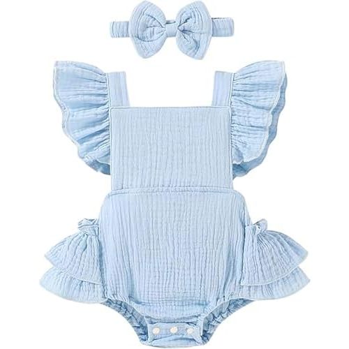 Newborn Baby Girl Clothes Summer Sleeveless Ruffle Hem Cross Back One Piece Baby Girl Romper Infant Clothes