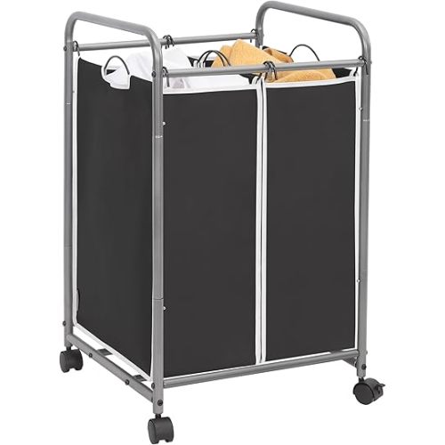 STORAGE MANIAC Laundry Sorter 2 Section, 90 L Gal Laundry Hamper with Wheels, Clothes Basket Separator Sorter, 2 Bag Clothes Cart with Wheels and Removable Bags for Closet, Dorm, Collage, Black