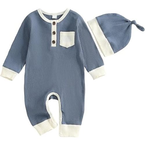 fhutpw Newborn Baby Boy Clothes Ribbed Knit Bodysuit 3 6 Months Infant Fall Long Sleeve Splicing Color Romper Jumpsuit & Hat