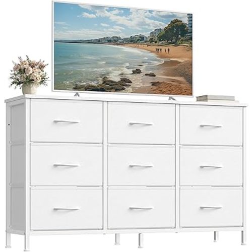 SONGMICS BELLAH Collection - Dresser for Bedroom, TV Stand for TVs Up to 55 Inches, Chest of Drawers for Living Room, Closet, Steel, 9 Drawers, Modern, Cloud White ULGS033WH02S