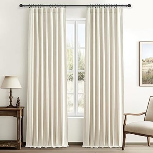 Room Darkening Bedroom Cream Curtains 96 Inches Long 2 Panels Set, Blackout Flax Linen Pleated Drape Thermal Soundproof Heavy Curtain with Back Tab Rod Pocket for Dining Room 50x96 Inch Large Window