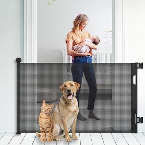 Upgraded Retractable Baby Gate for Stairs, 33"Tall Expands 71"Wide Ideal Safety Solution Dog Gate for Stairs Doorways Hallways Indoor/Outdoor Mesh Baby Gate Retractable Screen Door(Black,86CMx180CM)