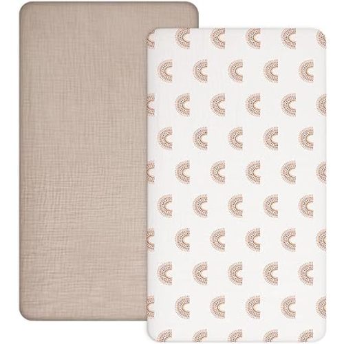 Crib Sheets for Baby Boy Girl 2 Pack, Fitted Crib Mattress Sheet 28" x 52", Muslin Toddler Bed Sheets with Neutral Style, Nursery Bedding Essentials(Beige & Rainbow)