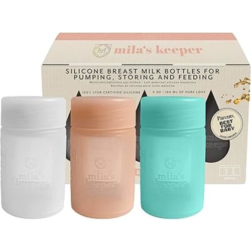 Mila's Keeper Premium Silicone Breast Milk Storage Bottles, for Pumping, Storing and Feeding, Fits Leading Pumps and Nipples, 6 oz Silicone Milk Storage Containers, Wide Neck Multi-Color, Set of 3