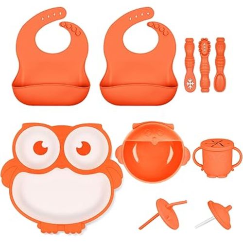 lokeisna Silicone Baby Feeding Set 13 Piece, Baby Led Weaning Feeding Supplies, Strong Suction Bowl & Plate, Adjustable Bibs, 4-in-1 Cup, Silicone Spoon, Food-grade Silicone (Orange with white)