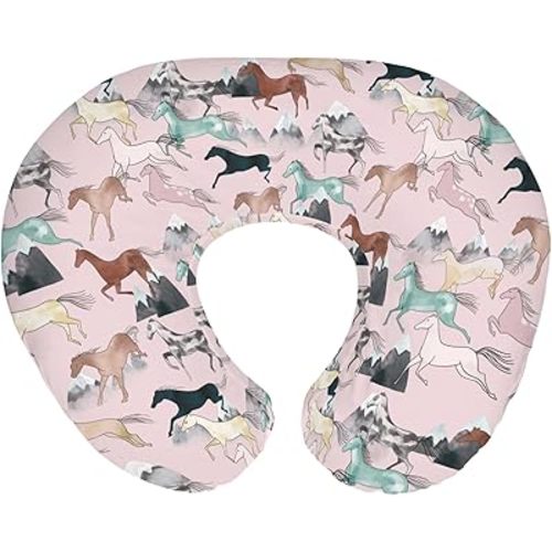 Boho Horses Mountains Baby Nursing Pillow Covers for Boy Girl Wild Horses Blossom Nursery Feeding Pillowcase for Breastfeeding Pillows Horse Lovers Gift Soft Stretchy Cover for Newborn Infant Pink