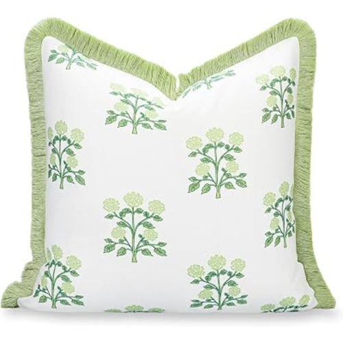 Hofdeco Premium Grandmillennial Coastal Hampton Patio Indoor Outdoor Throw Pillow Cover Only, 20"x20" Water Repellent for Backyard, Couch, Poolside, Grass Green Print Hydrangea Flowers