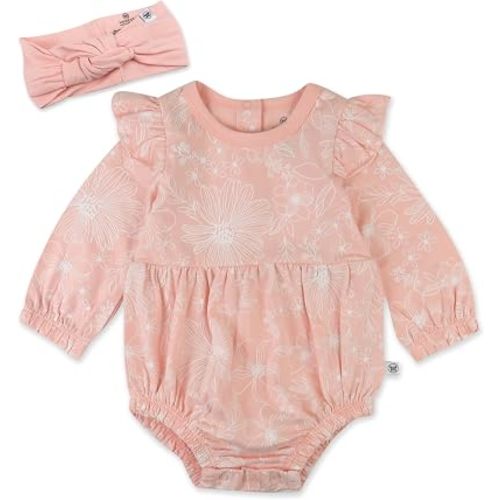 HonestBaby 2 Piece Bubble Romper & Headband Set,Girl,Sketchy Floral Dusty Pink,3-6 Months