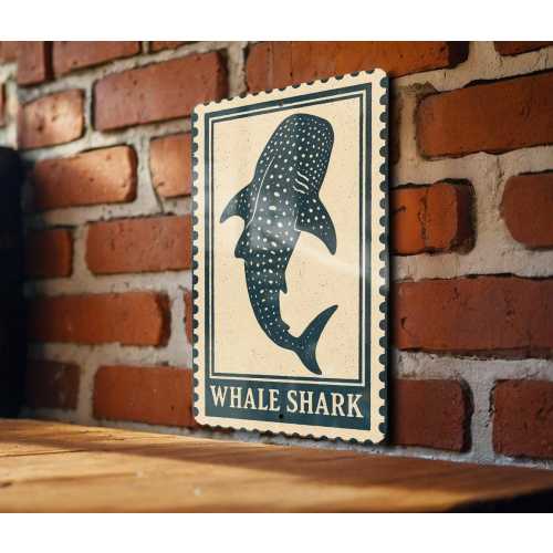 Whale Shark Metal Sign  – Ocean Marine Life Wall Art, Nautical Decor, Sea Creature Stamp Style Artwork