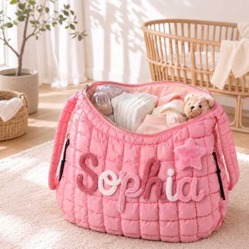 Personalized Quilted Diaper Bag, Custom Name Duffle Bag, Baby Changing Bag, Mama Hospital Bag, Weekender Shoulder Bag, Baby Shower Gift