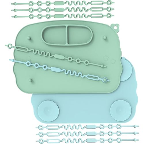 Baby Placemats for Weaning Babies - 2 Silicone Toddler Placemat with 4 Strong Suction Cups & 8 Stretchable Straps | BPA-Free Baby Table Mat for Restaurants, Dining Table & Toddler Mealtime