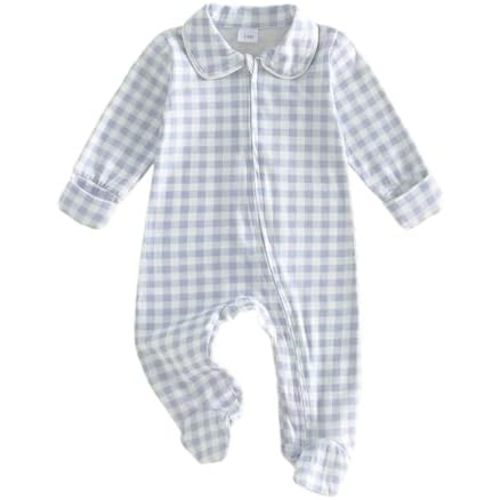 BULINGNA Newborn Baby Boy Girl Gingham Footed Romper Peter Pan Collar Infant Long Sleeve Zipper Jumpsuit Coming Home Outfit