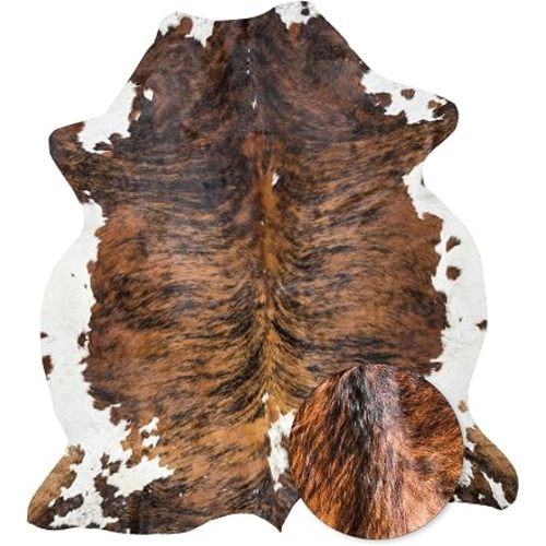 Real Cowhide Rug 5x7 ft - Natural Leather Hair-on-Hide Area Rug with Brown, Black & White Pattern (Brown Brindle) - Soft Western Cow Skin Rug for Living Room, Ranch Decor & Rustic Homes