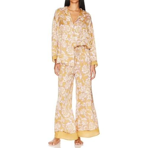 Women Satin Pajama Set Floral Silk Pajamas 2 Piece Lounge Sets Button Down Shirts Wide Leg Pants Pjs Sleepwear