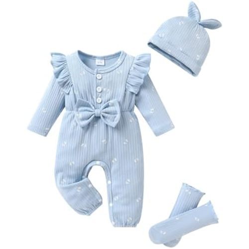 YOUNGER TREE Baby Girl Clothes Newborn Infant Ruffle Romper Long Sleeve Sweater Jumpsuit Hat Socks Toddler Fall Winter Outfit