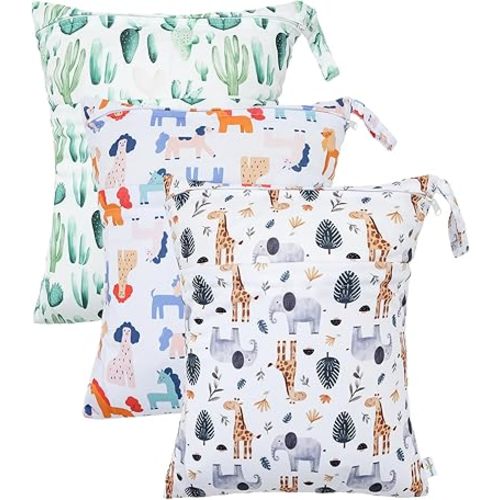 babygoal Animal Wet Dry Bags 3 Pack, Waterproof Travel Bags for Swimsuits, Beach, Pool, Gym,Food Storage and Wet Clothes(Giraffe,Cactus),3LN39-B