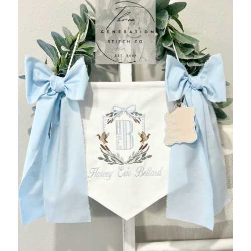 Custom Embroidered Baby Banner, Birth Announcement, Hospital Door Sign with bows, Baby Gift, Bassinet banner with crest, NEW Mallard Ducks