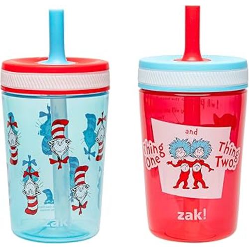 Zak Designs Dr. Seuss Kelso Toddler Cups For Travel or At Home, 15oz 2-Pack Durable Plastic Sippy Cups With Leak-Proof Design is Perfect for Kids (The Cat in the Hat)