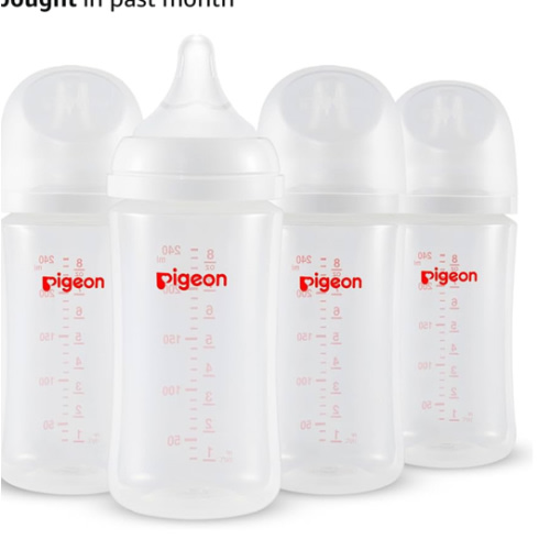 Pigeon PP Nursing Bottle Wide Neck, Anti-Colic, Streamlined Body, Natural Feel, Easy to Clean, 8.1 Oz(Pack of 4), Includes 4pcs M Nipples (3m+)