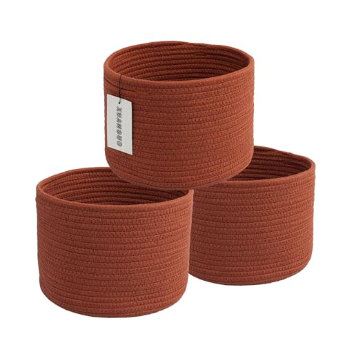 XUANGUO Woven Cotton Storage Baskets - 3-Pack Round Bins (10x10x7'') for Shelves, Closets & Bookcases | Durable Rope Organizers for Nursery, Baby, Toys, Easter & More (rustic)