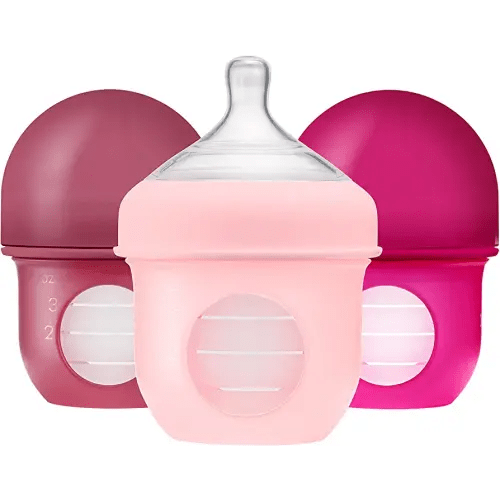 Boon Nursh Reusable Silicone Pouch Baby Bottles - Slow Flow Nipple - Silicone Baby Bottle Pouch and Nipple - Baby Feeding Essentials - Pink - 0-3 Months - 3 Count - 4 Ounce