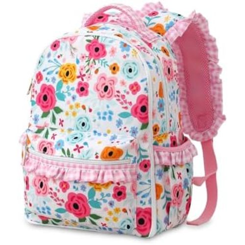 DYSHAYEN Kids Backpack for Girls, 15" Ruffled Backpack for School Kindergarten Bookbag 5-8, Fully Opened Compartment (Flower)