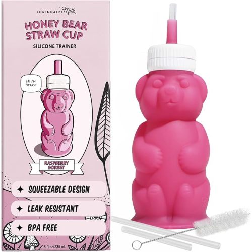 Legendairy Milk Honey Bear Straw Cup for Baby & Toddler, Silicone Squeeze Training Straw Cup, Leak Resistant Baby Sippy Cup with Straw, BPA Free, Dishwasher Safe, Bottle Transition, 8 oz, Pink
