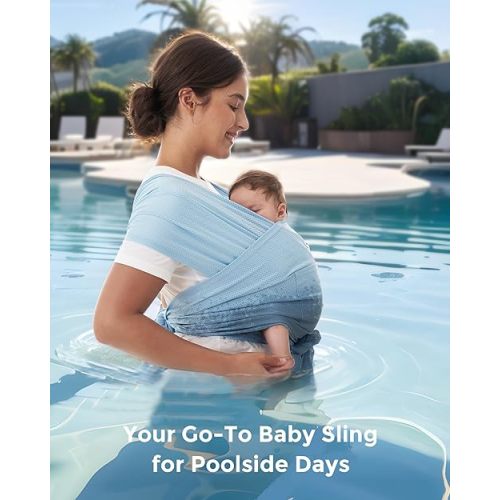 Momcozy Baby Carrier AirMesh - The Perfect Summer Water Sling for Newborns to Toddler 8-35 lbs - Cooling, Breathable and Lightweight Baby Wrap, Nice for Summer, Pool, Beach, Swimming, Light Blue