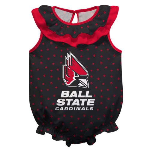 Ball State Cardinals Swirls Black Sleeveless Ruffle One Piece Jumpsuit