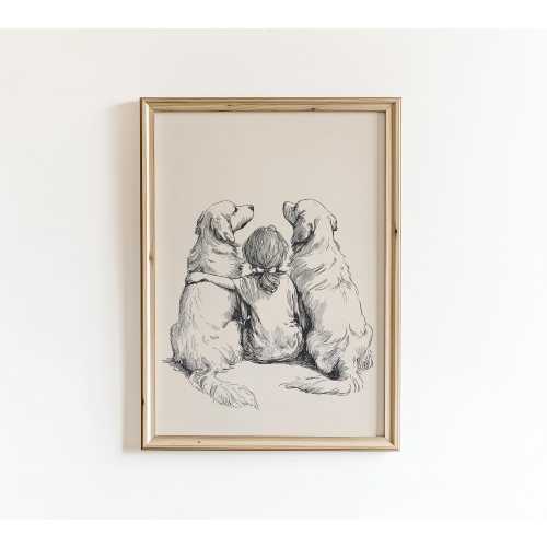 Girl with Two Golden Retrievers Poster, Nursery Vintage Drawing, PRINTED AND SHIPPED
