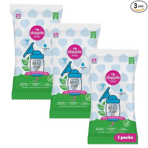 Dapple Baby Breast Pump Wipes, Powered by Plants, Hypoallergenic, Removes Milk Residue, No Rinse, Fragrance Free, 25 Count (Pack of 3)