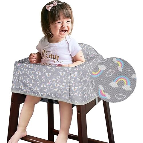 Dual-Belt Baby High Chair Cover, Upgrade Version, for Wooden or Restaurant High Chair, Sturdy and Robust Material, Waterproof Washable Stain and Slip Resistant, Gray Rainbow
